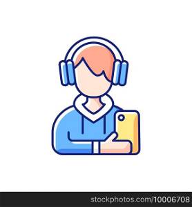 Teenage boy RGB color icon. Male teenager. Adolescence. Emotional development. School stress, peer problems. Mood swings. Growth spurts, puberty changes. Low self-esteem. Isolated vector illustration. Teenage boy RGB color icon