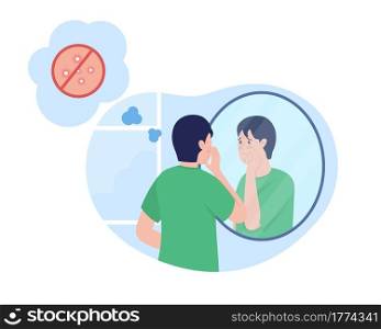 Teenage boy sad over pimple 2D vector isolated illustration. Skin care issue with acne. Sad child look in mirror flat character on cartoon background. Teenager problem colourful scene. Teenage boy sad over pimple 2D vector isolated illustration