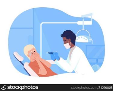 Teenage boy scared of dentist at appointment 2D vector isolated illustration. Patient and doctor flat characters on cartoon background. Visit dentist colourful scene for mobile, website, presentation. Teenage boy scared of dentist at appointment 2D vector isolated illustration