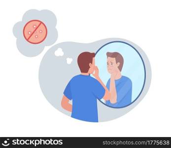 Teenage boy upset over acne 2D vector isolated illustration. Facial issue, pimples on skin. Unhappy kid look in mirror flat character on cartoon background. Teenager problem colourful scene. Teenage boy upset over acne 2D vector isolated illustration