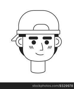 Teenage boy wearing baseball cap backwards monochrome flat linear character head. Cool student. Editable outline hand drawn human face icon. 2D cartoon spot vector avatar illustration for animation. Teenage boy wearing baseball cap backwards monochrome flat linear character head