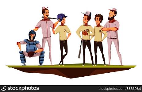 Teenage boys baseball team in uniform training discussion with coach on field poster retro cartoon vector illustration . Teenagers Sport Retro Cartoon Poster