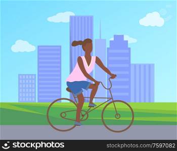 Teenage girl at bicycle cartoon character, buildings. Vector female ride on cycle, active way of life. Woman cycling in park, afro-american lady riding on bike. Teenage Girl Bicycle Cartoon Character, Buildings