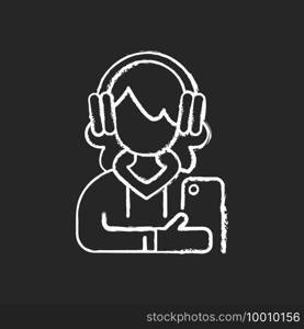 Teenage girl chalk white icon on black background. Female teenager. 13-19 years old girl. Teen behavior. Adolescent years. Individuality development. Isolated vector chalkboard illustration. Teenage girl chalk white icon on black background