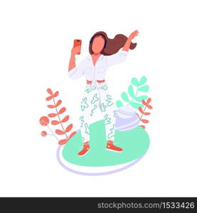 Teenage girl dancing flat color vector faceless character. Generation Z hobby. Caucasian teen listening music in headphones isolated cartoon illustration for web graphic design and animation. Teenage girl dancing flat color vector faceless character