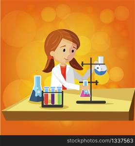 Teenage Girl Doing Laboratory Work at School. Vector Flat Illustration on Color Background. Practical Teaching Chemistry of Children using Reagents and Various Elements in Test Tubes and Flasks.