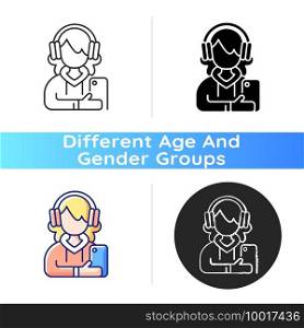 Teenage girl icon. Female teenager. 13-19 years old girl. Teen behavior. Adolescent years. Independence and individuality development. Linear black and RGB color styles. Isolated vector illustrations. Teenage girl icon