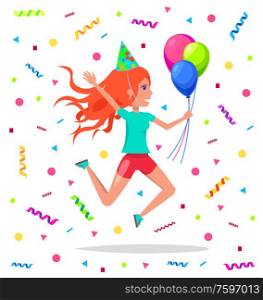Teenage girl in festive hat jumping and celebrate birthday party. Vector woman with air balloons having fun, leaping from joy on backdrop of tinsels. Teenage Girl in Festive Hat Jumping Birthday Party