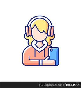 Teenage girl RGB color icon. Female teenager. 13-19 years old girl. Teen behavior. Adolescent years. Individuality development. Dealing with hormonal shifts, body changes. Isolated vector illustration. Teenage girl RGB color icon