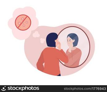 Teenage girl sad over pimple 2D vector isolated illustration. Skin with acne. Stressed child in front of mirror flat character on cartoon background. Teenager problem colourful scene. Teenage girl sad over pimple 2D vector isolated illustration