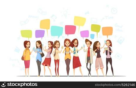 Teenage Girls Online Cartoon Poster . Teenagers girls characters communication online retro cartoon poster with money symbols and chat messages bubbles vector illustration