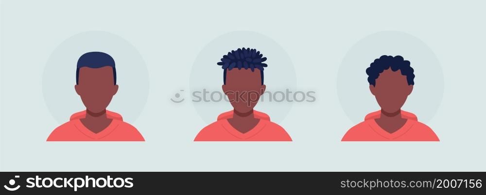 Teenage guy with three haircuts semi flat color vector character avatar set. Portrait from front view. Isolated modern cartoon style illustration for graphic design and animation pack. Teenage guy with three haircuts semi flat color vector character avatar set