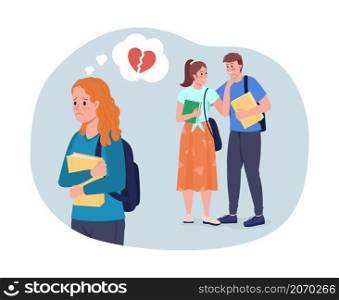 Teenage heartbreak 2D vector isolated illustration. Failed love confession. Rejected schoolgirl and happy couple flat characters on cartoon background. High school relationship colourful scene. Teenage heartbreak 2D vector isolated illustration