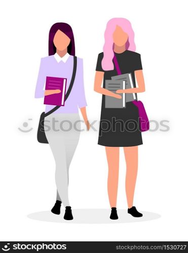 Teenage school best friends flat vector illustration. Schoolgirls with books together cartoon characters on white background. Teen classmates going to school with bags and textbooks. Stylish students