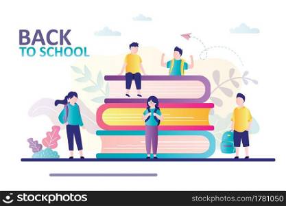 Teenage school kids meet after summer vacation. Concept of back to school and education. Schoolboys and schoolgirls with backpacks coming in school. Banner in trendy style. Flat vector illustration. Teenage school kids meet after summer vacation. Concept of back to school and education. Schoolboys and schoolgirls with backpacks coming in school