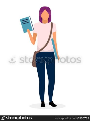 Teenage schoolgirl with book flat vector illustration. University, college student holding textbook and laptop cartoon character isolated on white background. Smart teen girl with bag. School teenager studying. Teenage schoolgirl with book flat vector illustration. University, college student holding textbook and laptop cartoon character isolated on white background. Smart teen girl with bag. School teenager studying