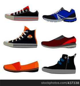Teenage sports shoes. Colorful sneakers at different styles. Vector illustrations set of footwear shoe training and trendy, fitness boot. Teenage sports shoes. Colorful sneakers at different styles. Vector illustrations set in cartoon style