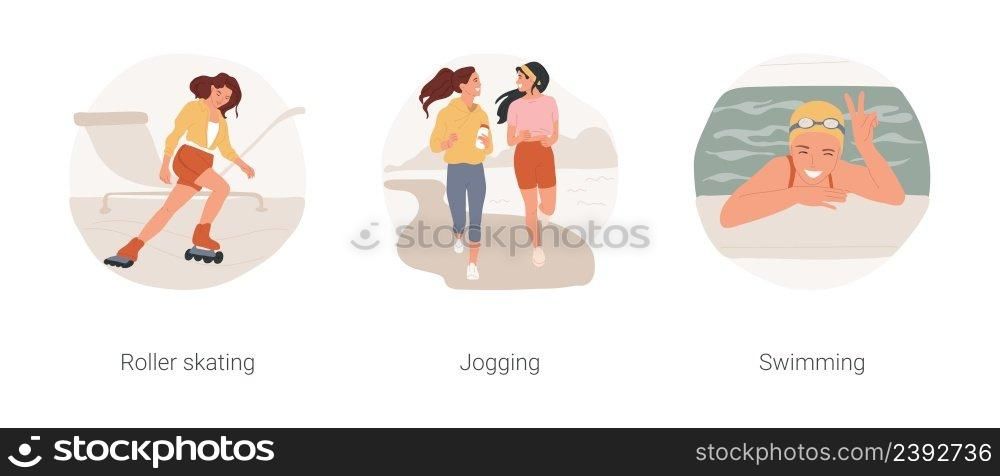 Teenager active lifestyle isolated cartoon vector illustration set. Roller skating, doing rollerblading trick, young girl in sportswear jogging, teen at border of swimming pool vector cartoon.. Teenager active lifestyle isolated cartoon vector illustration set.