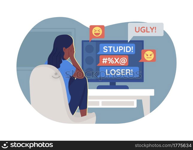 Teenager and cyberbullying problem 2D vector isolated illustration. Suffering teen girl in front of computer screen flat characters on cartoon background. Teenager problem colourful scene. Teenager and cyberbullying problem 2D vector isolated illustration