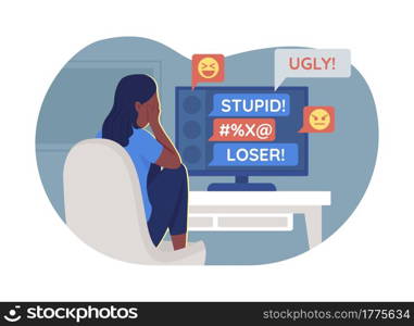 Teenager and cyberbullying problem 2D vector isolated illustration. Suffering teen girl in front of computer screen flat characters on cartoon background. Teenager problem colourful scene. Teenager and cyberbullying problem 2D vector isolated illustration