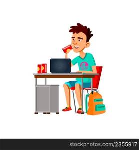 Teenager Boy Drinking Soda At Workplace Vector. Teen Make Home Exercise On Computer And Drinking Sweet Drink From Bottle. Character Working On Laptop And Enjoying Beverage Flat Cartoon Illustration. Teenager Boy Drinking Soda At Workplace Vector