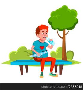 Teenager Boy Enjoying Drink On Park Bench Vector. Caucasian Teen Sitting In Nature With Drone And Drinking Healthy Natural Water From Bottle. Character Enjoy Beverage Outdoor Flat Cartoon Illustration. Teenager Boy Enjoying Drink On Park Bench Vector