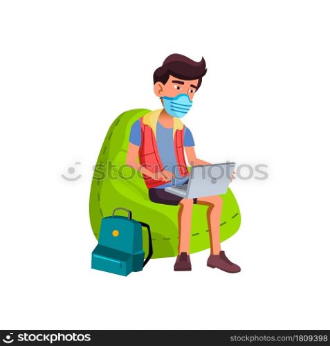 Teenager Boy Wearing Mask In Waiting Room Vector. Teen Guy With Protective Facial Mask Sitting In Soft Chair And Using Laptop. Character Education Quarantine Rules Flat Cartoon Illustration. Teenager Boy Wearing Mask In Waiting Room Vector