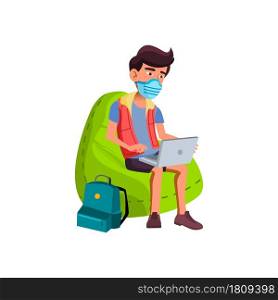 Teenager Boy Wearing Mask In Waiting Room Vector. Teen Guy With Protective Facial Mask Sitting In Soft Chair And Using Laptop. Character Education Quarantine Rules Flat Cartoon Illustration. Teenager Boy Wearing Mask In Waiting Room Vector