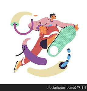 Teenager boy wearing modern and stylish clothes walking and moving outdoors. Isolated peronage running or walking, focus on sneakers. Street fashion collection of performer. Vector in flat style. Running or moving teenager personage at street