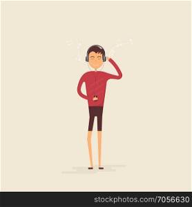 Teenager boy with headphones   mobile phone listening to music.Smiling boy cartoon character with closed eyes in headphones standing,holding player   listening to music.Male cartoon character isolated.Vector illustration