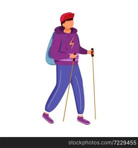 Teenager boy with hiking sticks flat vector illustration. Camping activity. Cheap travelling choice. Active vacation. Budget tourism. Walking tour isolated cartoon character on white background. Teenager boy with hiking sticks flat vector illustration