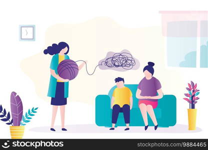 Teenager boy with mother at consultation with psychologist. Doctor is talking with kid. Psychoanalysis, professional solves mental problems. Room interior. Characters in trendy style. Flat Vector 