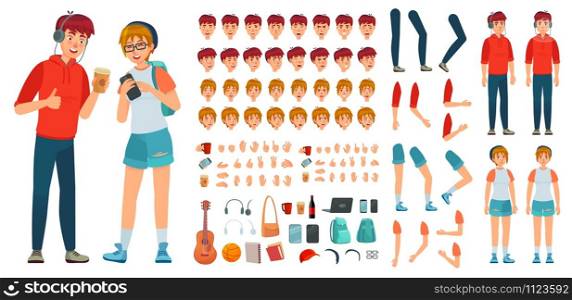 Teenager character constructor. Teenage boy, young girl character creation bundle and teenagers couple cartoon vector illustration set. Avatar creation kit with faces, body parts and accessories. Teenager character constructor. Teenage boy, young girl character creation bundle and teenagers couple cartoon vector illustration set. Avatar building kit with faces, body parts and accessories