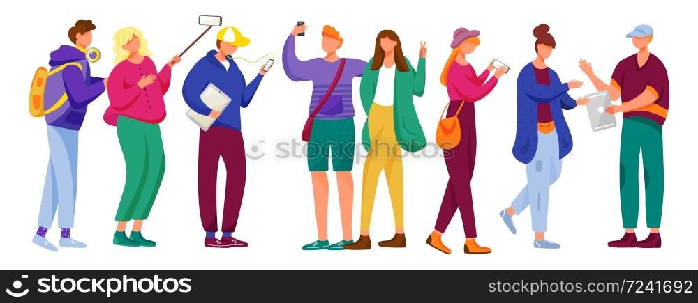 Teenager culture flat vector illustration. Millennials. Students. Cheerful friends. Stylish girls and guys. Young caucasian people standing, talking, using gadgets isolated cartoon character on white