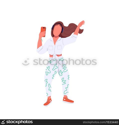 Teenager dancing flat color vector faceless character. Generation Z lifestyle. Teen girl in headphones listening music on smartphone isolated cartoon illustration for web graphic design and animation. Teenager dancing in headphones flat color vector faceless character