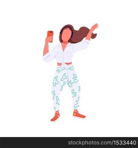 Teenager dancing flat color vector faceless character. Generation Z lifestyle. Teen girl in headphones listening music on smartphone isolated cartoon illustration for web graphic design and animation. Teenager dancing in headphones flat color vector faceless character