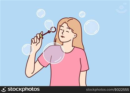 Teenager girl blows soap bubbles enjoying presence free time and absence of urgent matters. Carefree schoolgirl teen stands among soap bubbles and is too lazy to do extracurricular work. Teenager girl blows soap bubbles enjoying presence free time and absence of urgent matters