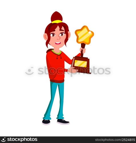 Teenager Girl Holding Cup In Star Shape Vector. Happy Caucasian Teen Hold Cup Prize, Won In Sportive Competition. Character Winner Victory In Championship Flat Cartoon Illustration. Teenager Girl Holding Cup In Star Shape Vector