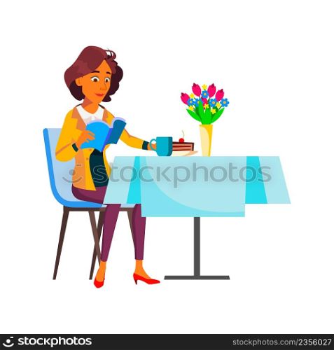 Teenager Girl Reading Book In Cafeteria Vector. Teen Student Enjoying Breakfast And Read Interesting Book. Character Enjoy Pie And Coffee On Morning And Studying Flat Cartoon Illustration. Teenager Girl Reading Book In Cafeteria Vector