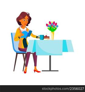 Teenager Girl Reading Book In Cafeteria Vector. Teen Student Enjoying Breakfast And Read Interesting Book. Character Enjoy Pie And Coffee On Morning And Studying Flat Cartoon Illustration. Teenager Girl Reading Book In Cafeteria Vector