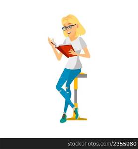 Teenager Girl Reading Educational Book Vector. Blond Hair Caucasian Girl Wearing Glasses, Sitting On Cafe Chair And Read Interesting Book. Character Enjoying Literature Flat Cartoon Illustration. Teenager Girl Reading Educational Book Vector