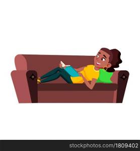 Teenager Girl Reading Funny Book On Couch Vector. African Teen Lady Laying On Sofa Furniture And Read Interesting Comedy Story In Book. Character Enjoying Flat Cartoon Illustration. Teenager Girl Reading Funny Book On Couch Vector