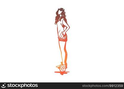 Teenager, girl, segway, modern, electric concept. Hand drawn teenager girl riding on segway concept sketch. Isolated vector illustration.. Teenager, girl, segway, modern, electric concept. Hand drawn isolated vector.