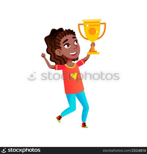 Teenager Girl Winner Holding Cup Award Vector. Happiness African Teen Hold Golden Mug Reward, Dancing And Celebrate Victory In Tournament. Character Champion Flat Cartoon Illustration. Teenager Girl Winner Holding Cup Award Vector