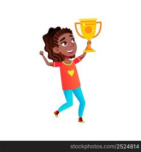 Teenager Girl Winner Holding Cup Award Vector. Happiness African Teen Hold Golden Mug Reward, Dancing And Celebrate Victory In Tournament. Character Champion Flat Cartoon Illustration. Teenager Girl Winner Holding Cup Award Vector