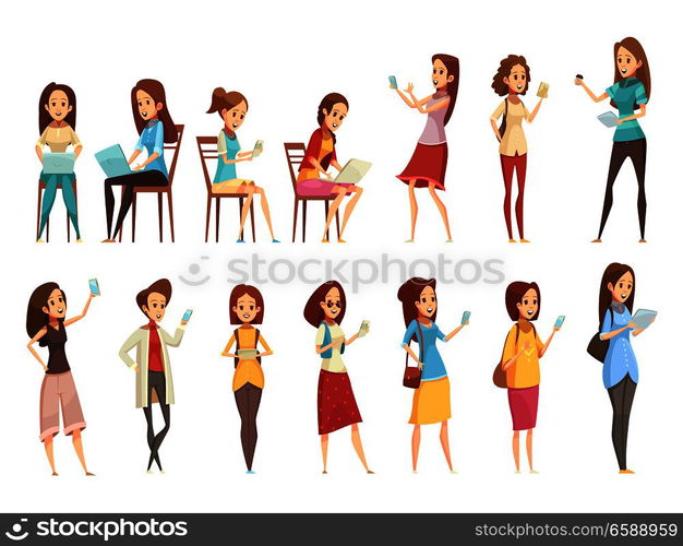 Teenager girls characters with phone tablet and laptop retro cartoon icons 2 banners set isolated vector illustration . Teenager Retro Cartoon Icons Set