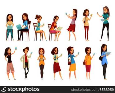Teenager girls characters with phone tablet and laptop retro cartoon icons 2 banners set isolated vector illustration . Teenager Retro Cartoon Icons Set