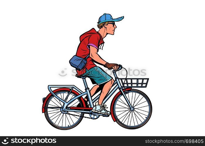 teenager guy on a city bike. Pop art retro vector illustration vintage kitsch. teenager guy on a city bike