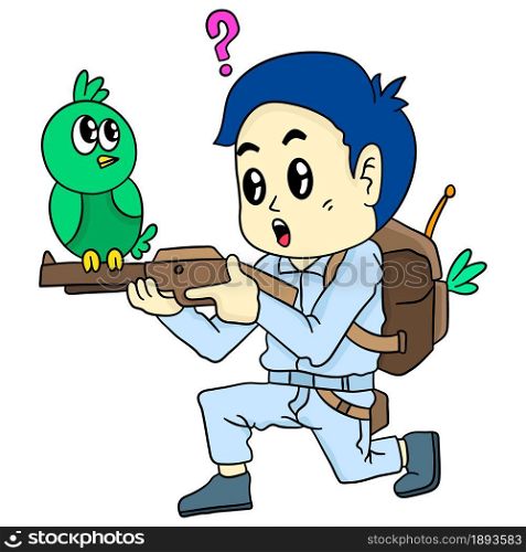 teenager holding a rifle to hunt birds. cartoon illustration cute sticker