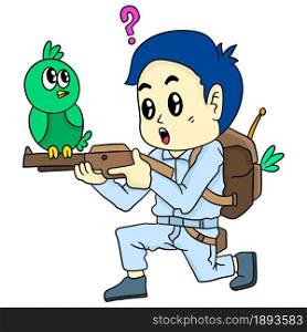 teenager holding a rifle to hunt birds. cartoon illustration cute sticker